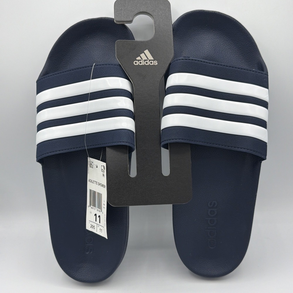 Adidas Adilette Shower Slides Men Size 11 Navy Blue White Striped Sandals